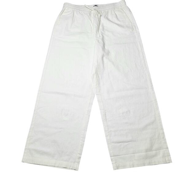 J.Crew Linen Blend Slim Wide Leg Drawstring Pants White Pull On Relaxed Large 14 - Picture 2 of 8